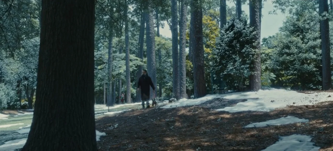 Merv (2025) movie still: wide — A park with tall pine trees and patches of snow on the ground. A man walks through the center of the frame with a…