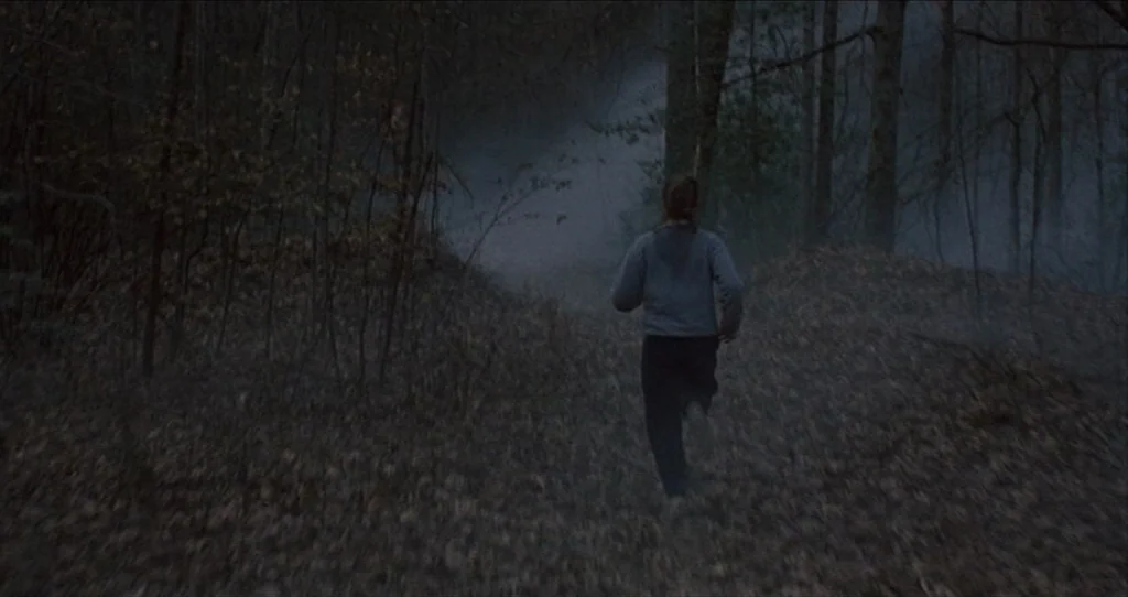 The Silence Of The Lambs (1991) movie still: fullbody — A dark, dense forest with thin bare trees and thick ground fog. A person runs away from the…