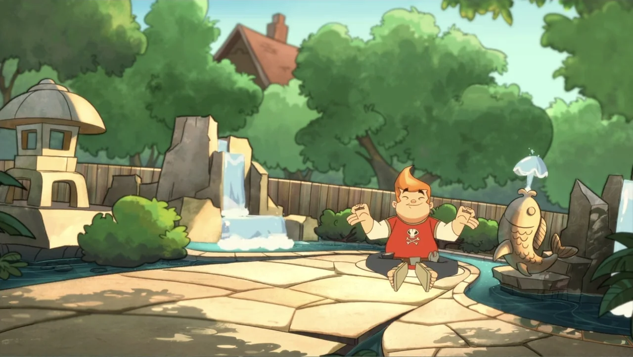 Team Hot Wheels: The Skills to Thrill (2015) movie still: medium — A backyard garden features a small waterfall, stone patio, and decorative fish…