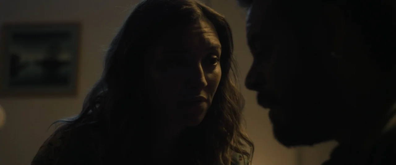 Sign Here (2017) movie still: medium — A dark living room interior with a small framed picture visible on the wall. A woman looks toward a man…