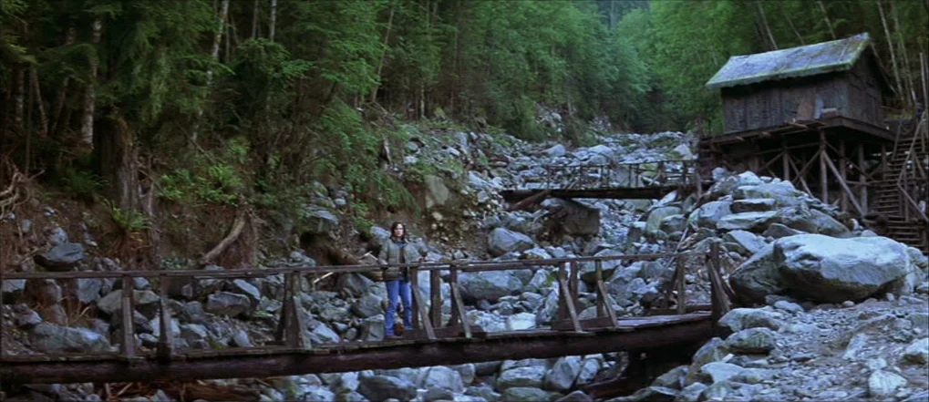 Insomnia (2002) movie still: wide — A dense coniferous forest surrounds a steep rocky riverbed with a rustic wooden bridge. A young woman stands on…
