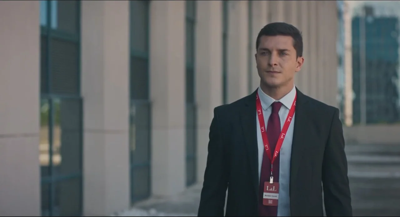Proof of Love (2022) movie still: medium — A modern building exterior features tall concrete pillars and glass panels. A man in a suit walks…