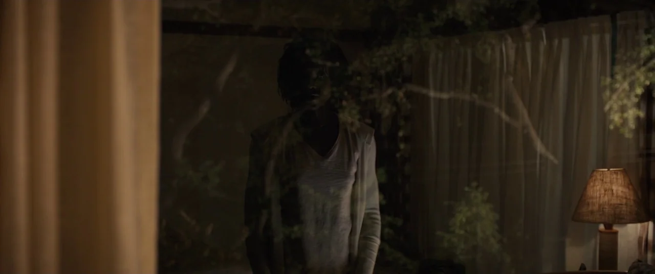 Us (2019) movie still: medium — A dimly lit room at night is separated from the outdoors by glass. A woman stands in the center foreground behind a…