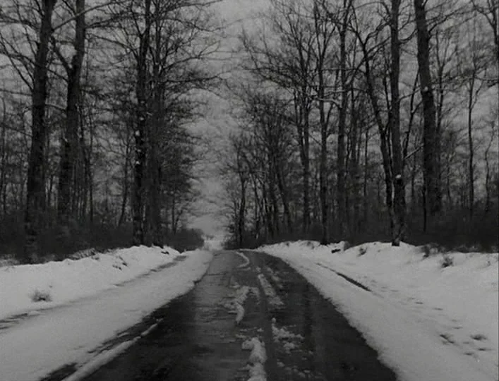 La Strada (1954) movie still: establishing — A wet, slushy road winds through a dense forest with bare trees in winter. Snow coats the shoulders of…
