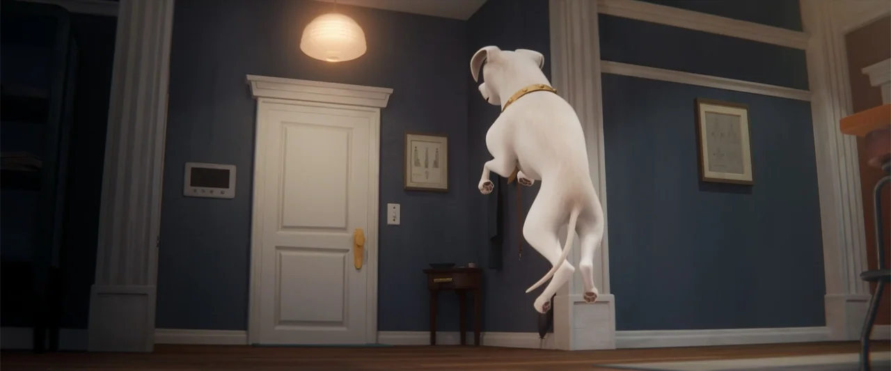 DC League of Super-Pets (2022) movie still: fullbody — A narrow domestic hallway with dark blue walls contains a white door and wood floors. A white…