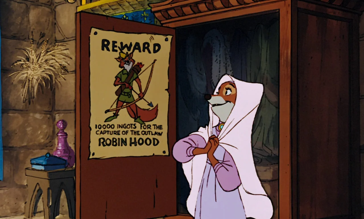 Robin Hood (1973) movie still: medium — A stone interior room with a wooden wardrobe holding a wanted poster on the door. A female fox character…