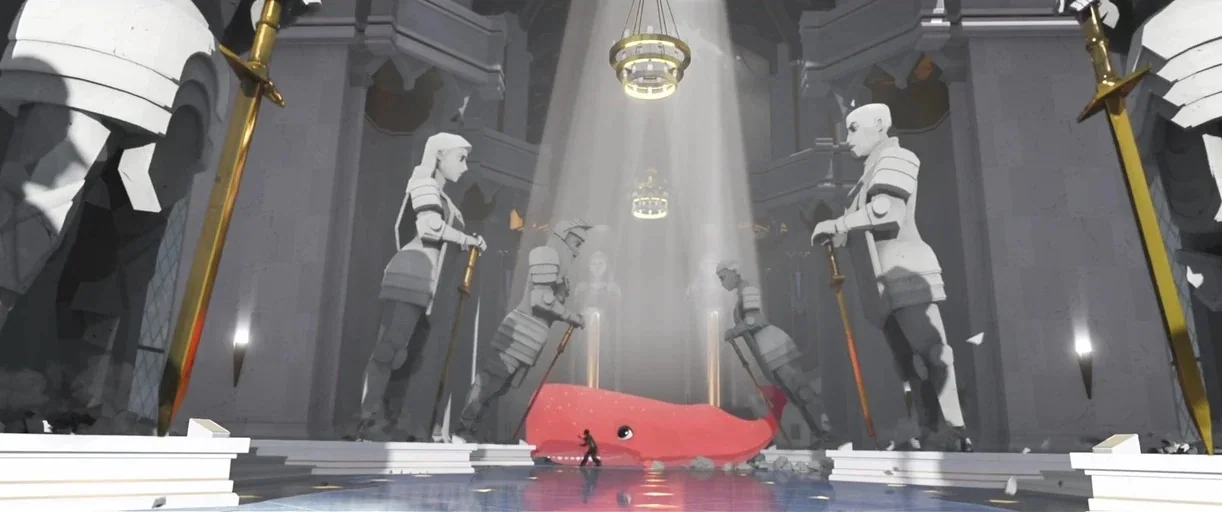 Nimona (2023) movie still: wide — A high-ceilinged stone hall features oversized statues of armored figures holding golden swords. A large stylized…