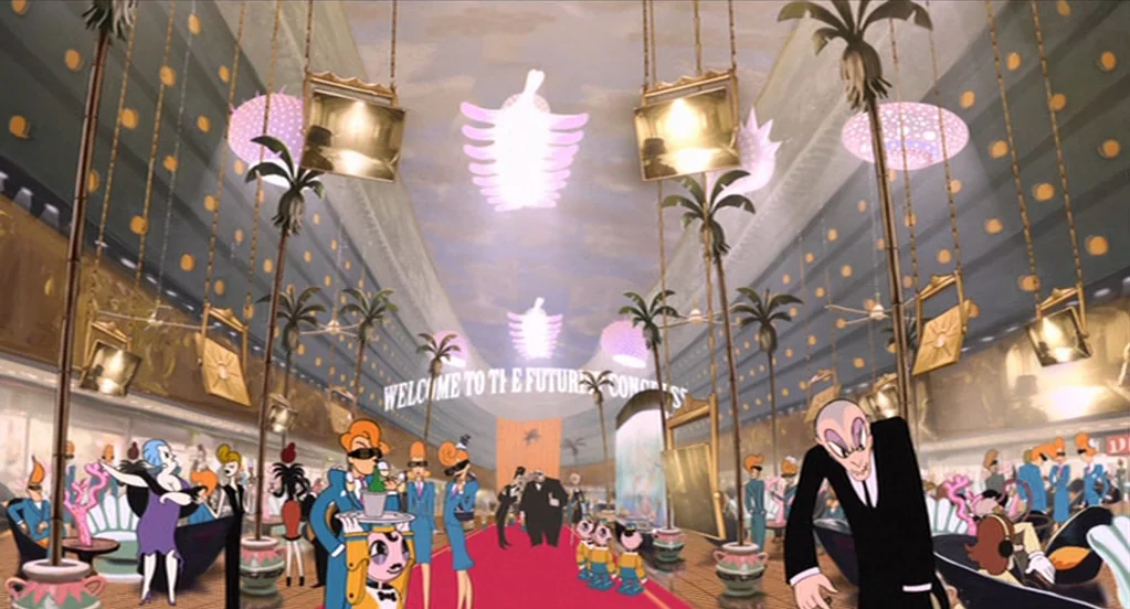 The Congress (2013) movie still: wide — A spacious hall with tall palm tree pillars and hanging rectangular light fixtures throughout. Many stylized…