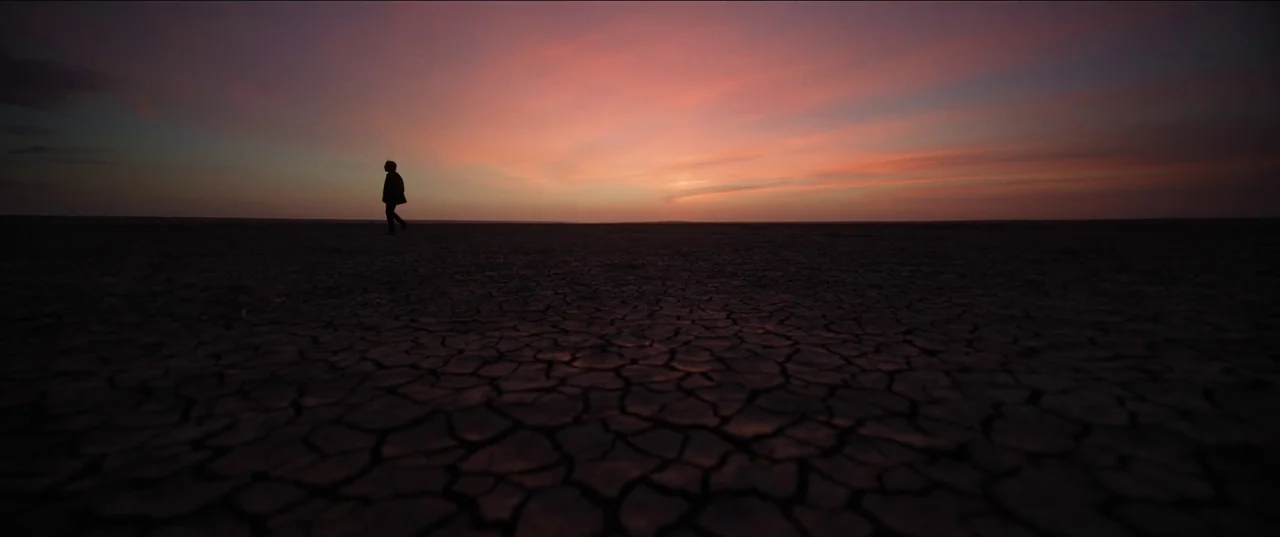 Bardo: False Chronicle of a Handful of Truths (2022) movie still: wide — An expanse of dry, cracked earth stretches toward a sunset horizon. A lone…