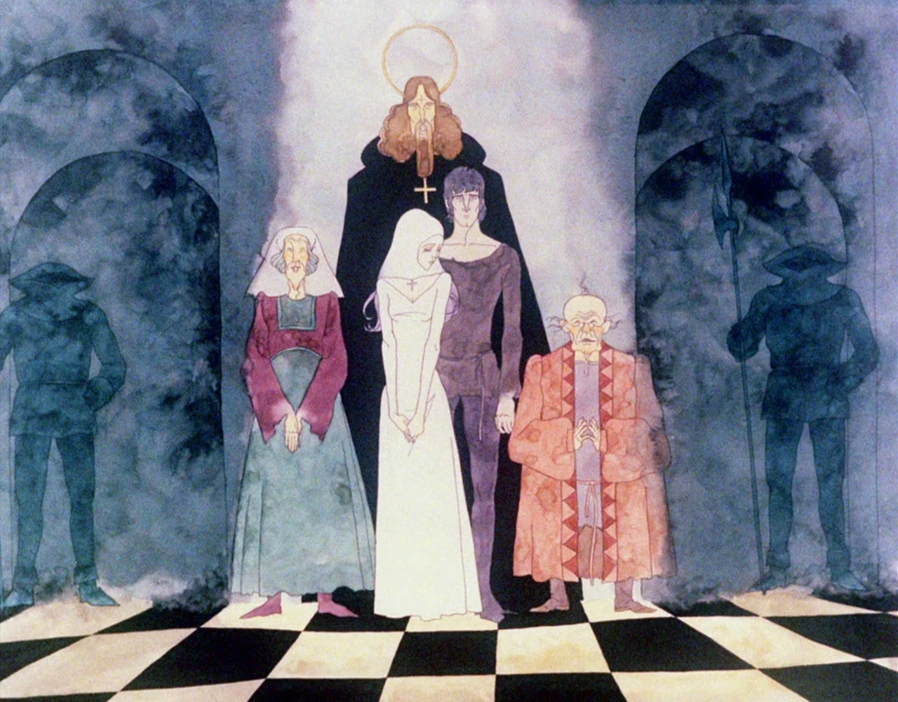 Belladonna of Sadness (1973) movie still: fullbody — A stylized interior space features dark, arched alcoves and a monochrome checkered floor.…