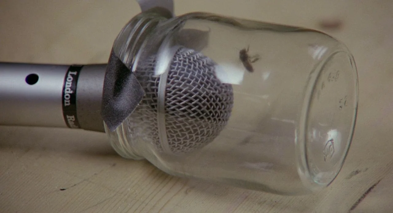 The Shout (1978) movie still: closeup — A glass jar is taped over the head of a microphone on a wooden surface. A small flying insect is captured…