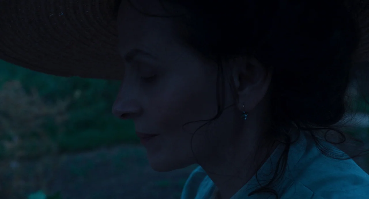The Taste of Things (2023) movie still: closeup — A woman stands outdoors at night wearing a large brimmed straw hat. She has her eyes closed while…