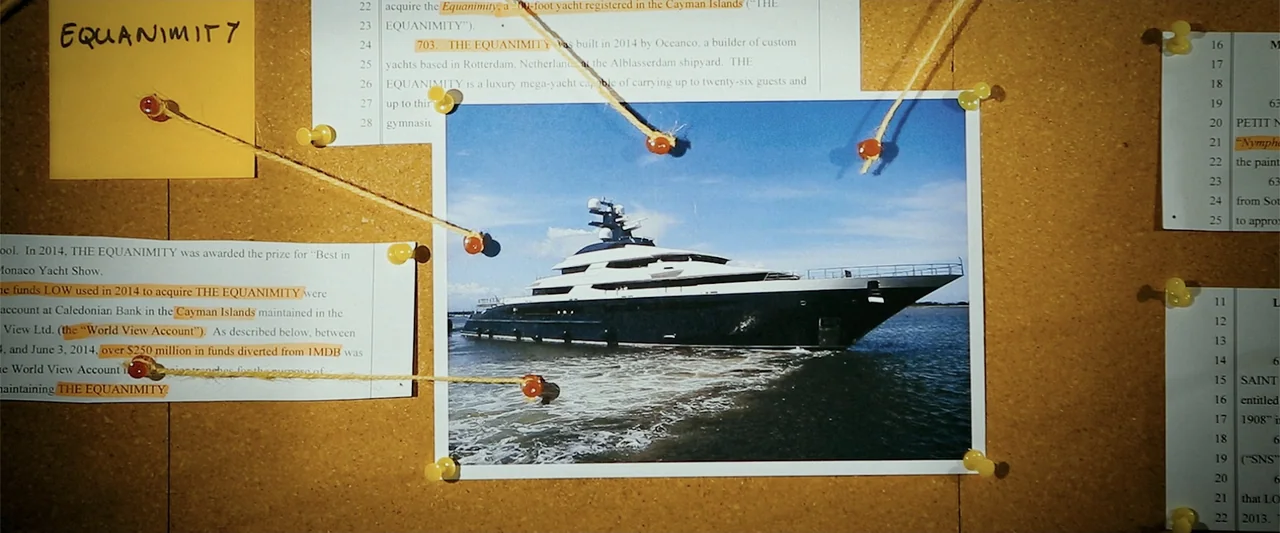 The Kleptocrats (2018) movie still: wide — A brown cork bulletin board displays several printed documents and a photograph of a yacht. Yellow…