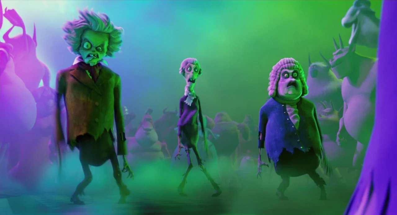 Hotel Transylvania movie still: fullbody — A group of animated spectral entities traverses a thick neon-green misty terrain. The characters feature…