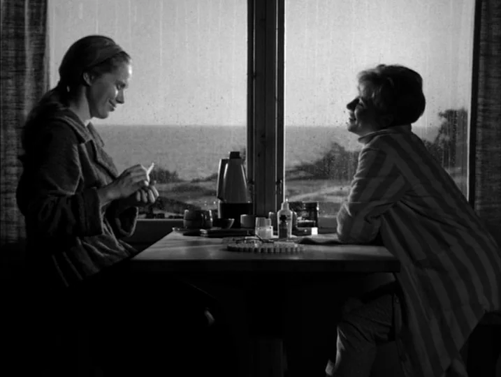 Persona (1966) movie still: medium — A seaside cottage interior features a wooden table positioned against a large window. Two women sit facing each…