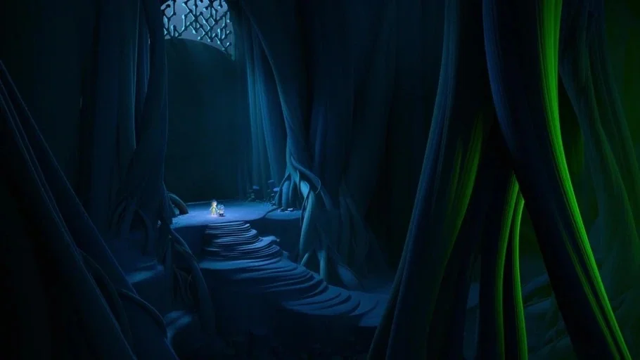 Inside Out (2015) movie still: wide — A cavern features large, sweeping root-like columns and layered, tiered floor formations. Two small,…