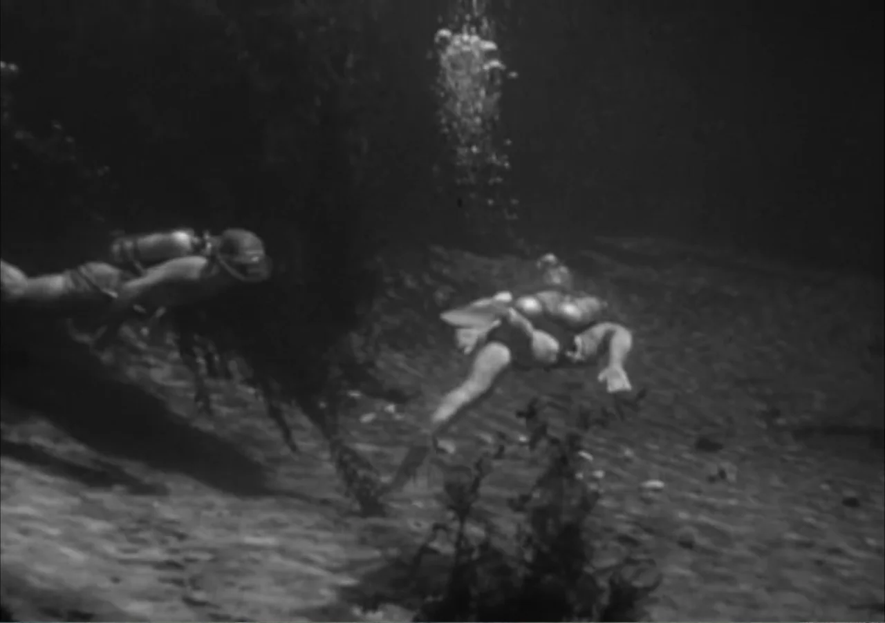 Creature from the Black Lagoon (1954) movie still: fullbody — An underwater scene shows a sandy seabed with some dark kelp plants growing. Two male…