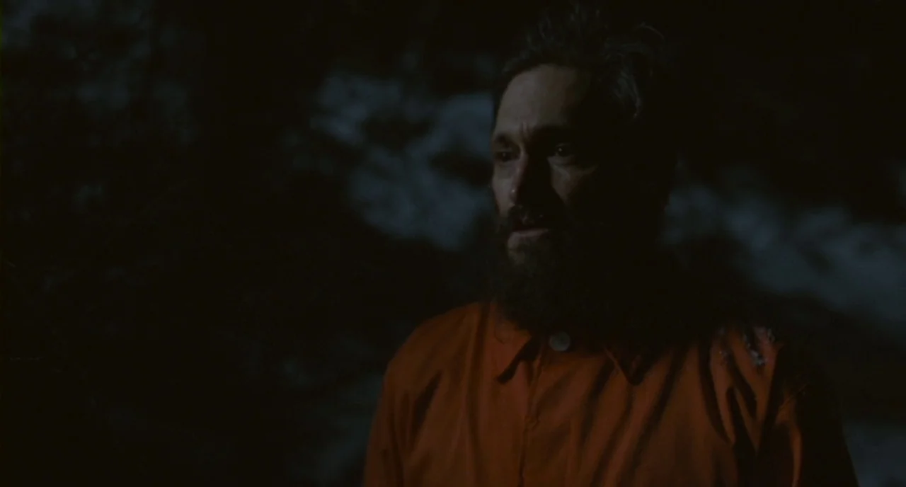 Essential Killing (2010) movie still: medium — A dark, dimly lit outdoor environment at night with blurred foliage in the background. A man wearing…