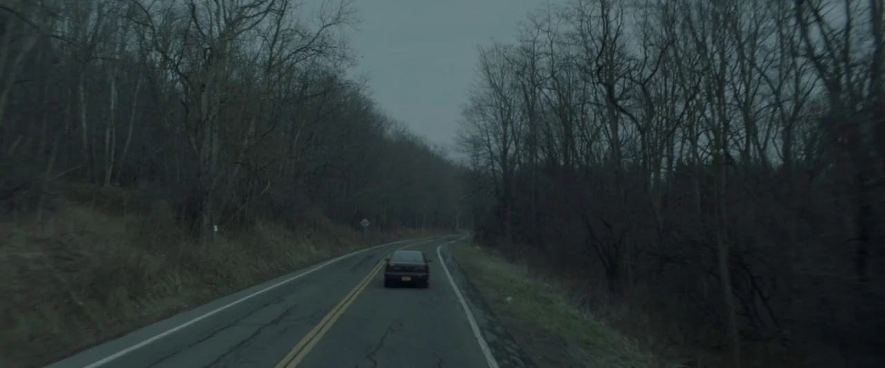 Here Alone movie still: wide — A two-lane asphalt road winds through a dense, leafless forest under an overcast sky. A single dark sedan moves away…