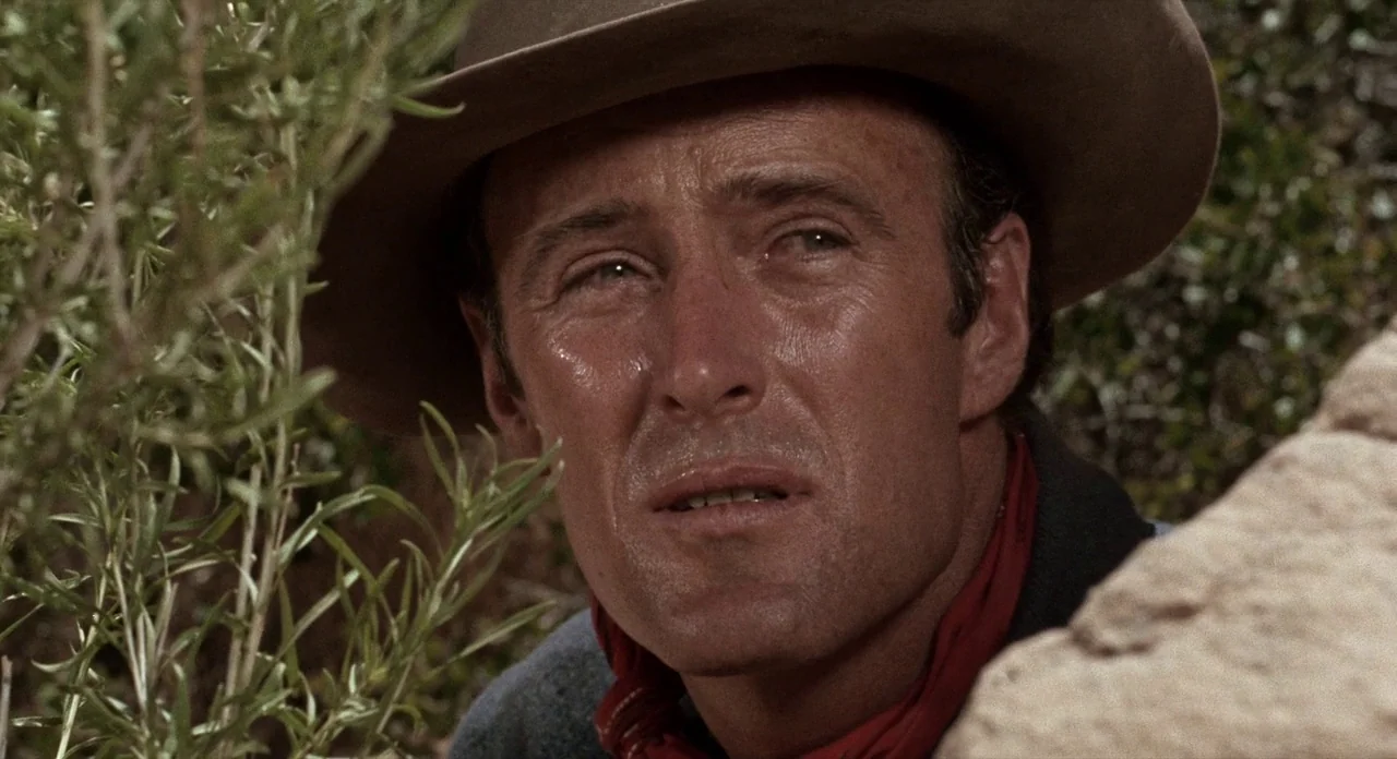 Ride In The Whirlwind (1966) movie still: closeup — A man hides among dry desert vegetation and sandstone rocks under bright daylight. He peers…