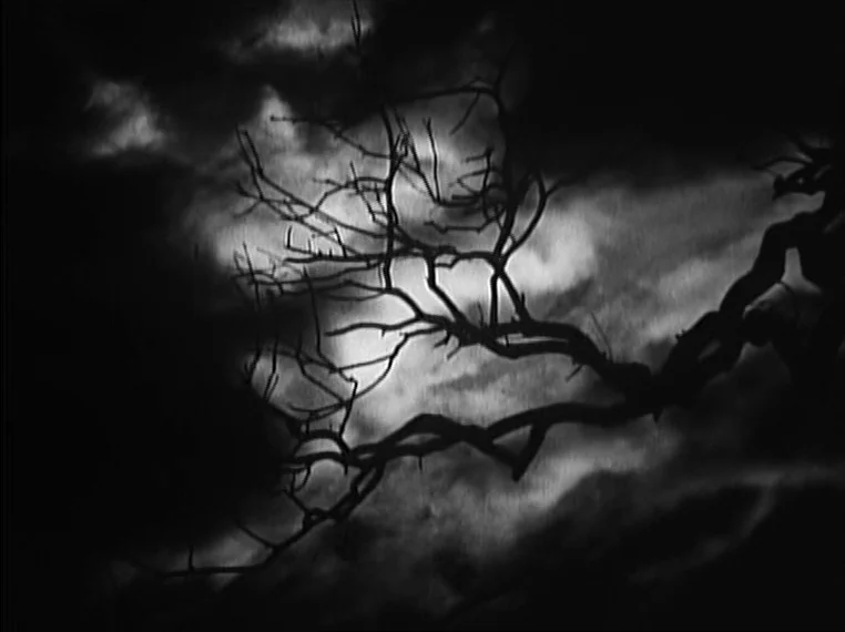 Oliver Twist (1948) movie still: wide — A gnarled, leafless tree branch occupies the foreground against a dark, turbulent night sky. Fast-moving,…