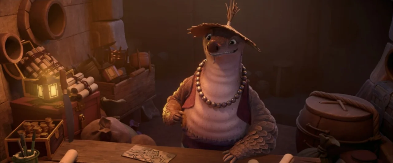 Kung Fu Panda 4 (2024) movie still: medium — An interior space filled with various goods like scrolls, containers, and stacked coins. An…