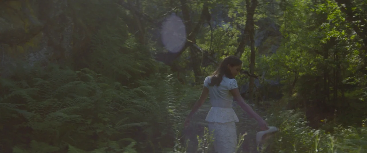 Ex Machina (2015) movie still: fullbody — A lush woodland area with dense green ferns and tall trees under dappled sunlight. A woman in a white lace…