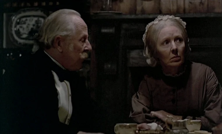 The Story of Adele H (1975) movie still: medium — A dimly lit 19th-century room features dark wooden wall paneling and a stone fireplace. An elderly…