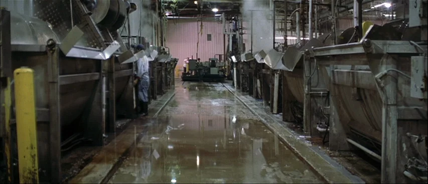All The Real Girls (2003) movie still: wide — An industrial textile processing area with rows of heavy metal machinery and wet floors. A worker…