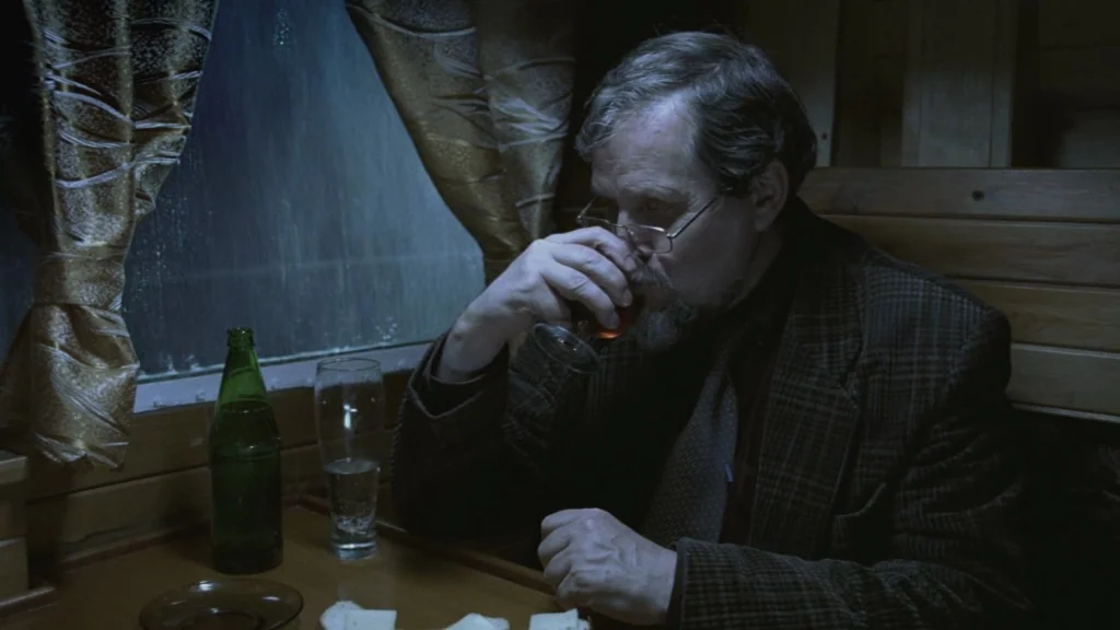 The Ugly Swans (2006) movie still: medium — A dark wooden train compartment interior features a rain-streaked window at night. An elderly man with a…