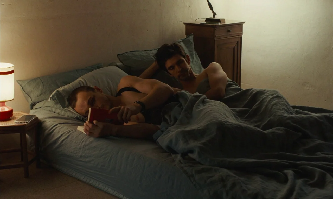 Passages (2023) movie still: medium — A quiet night inside a dimly lit space with blue linens on a bed. Two men share the bed with one man reading a…