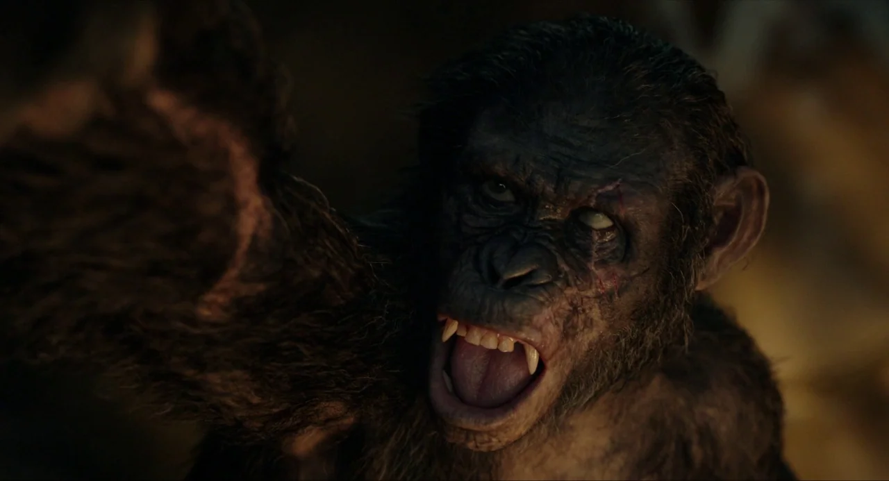 Dawn of the Planet of the Apes (2014) movie still: closeup — A dark, textured wilderness environment at night provides minimal background detail…