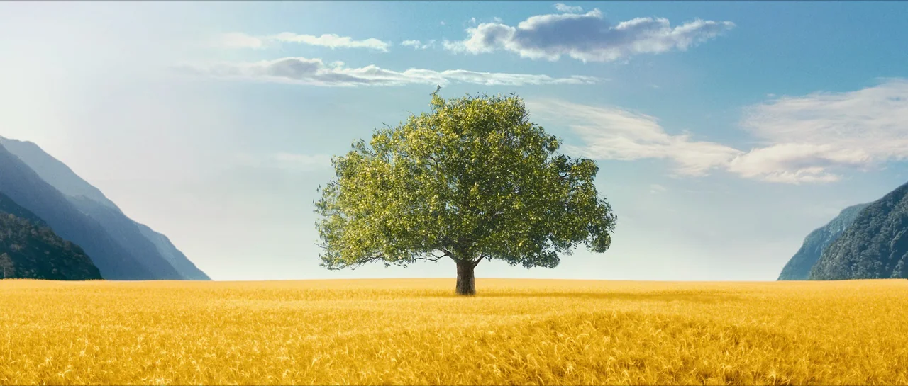 The Lovely Bones (2009) movie still: establishing — A golden wheat field stretches across the frame toward distant green-sloped mountains. A single…