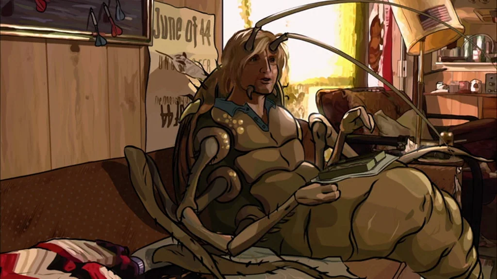 A Scanner Darkly (2006) movie still: medium — A cluttered interior living area features wood paneled walls and a June of 44 poster. A man with the…