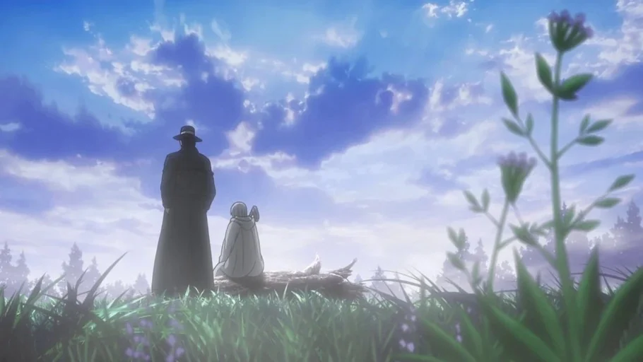Attack on Titan (2013) movie still: wide — A grassy field with a large tree log under a bright blue sky. A tall man in a long coat stands beside a…