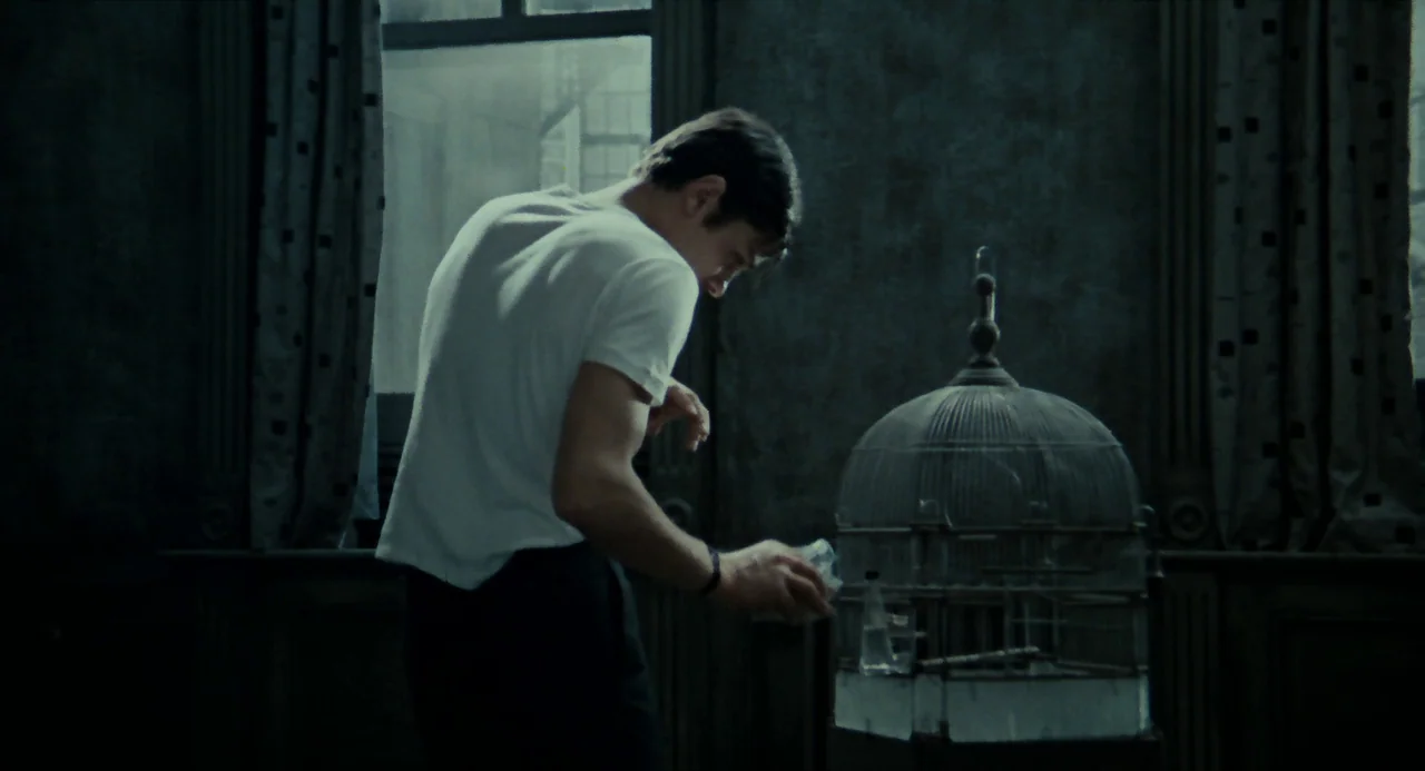 Le Samouraï (1967) movie still: medium — A dimly lit room with dark walls, tall window curtains, and a birdcage pedestal. A man in a white t-shirt…
