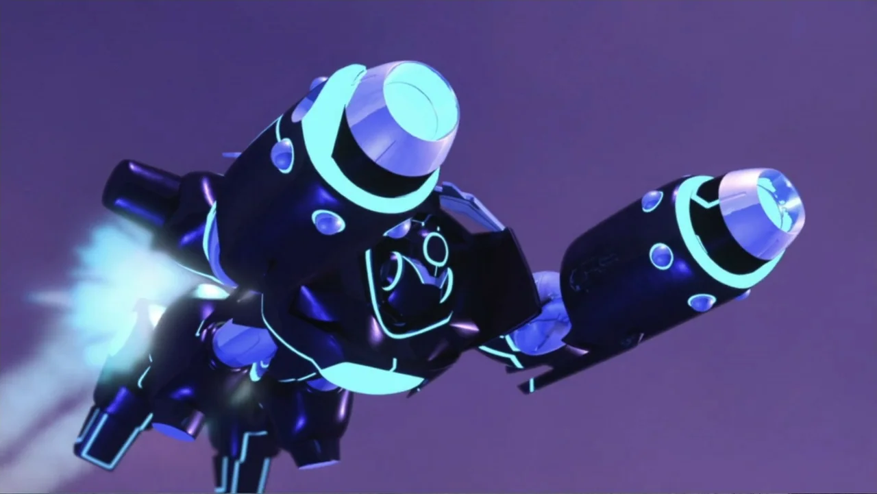 Ben 10: Destroy All Aliens (2012) movie still: medium — A dark, stylized robotic figure moves through a solid purple void. The machine features…