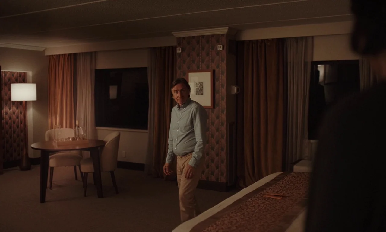 Resurrection (2022) movie still: medium — A dimly lit hotel room features patterned wallpaper and a circular dining table set. A middle-aged man in…