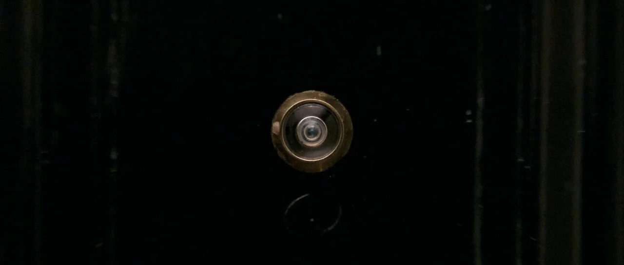Bunny and the Bull (2009) movie still: closeup — A dark, smooth, featureless surface is interrupted by a circular brass door peephole. The glass…
