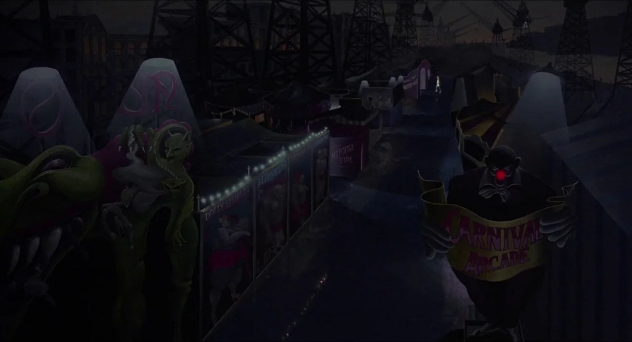 Hellbound: Hellraiser II (1988) movie still: establishing — A dark, empty carnival midway features sideshow banners and tall, silhouetted…