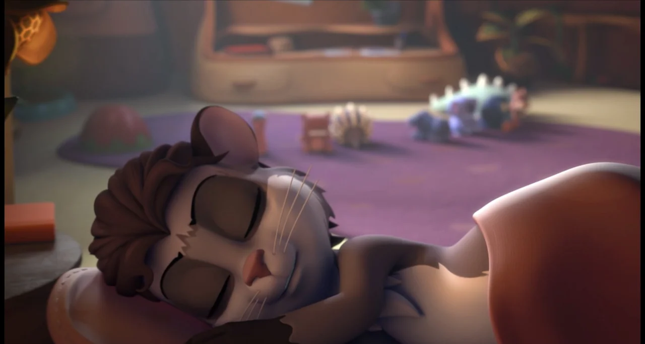 The Wishmas Tree (2020) movie still: closeup — A cartoon bedroom features a purple circular rug and several small toy figurines. A stylized animal…