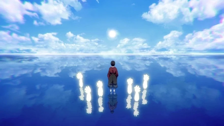 Demon Slayer: Kimetsu no Yaiba (2019) movie still: wide — A vast, perfectly still body of water reflects a bright sky filled with clouds. A lone…
