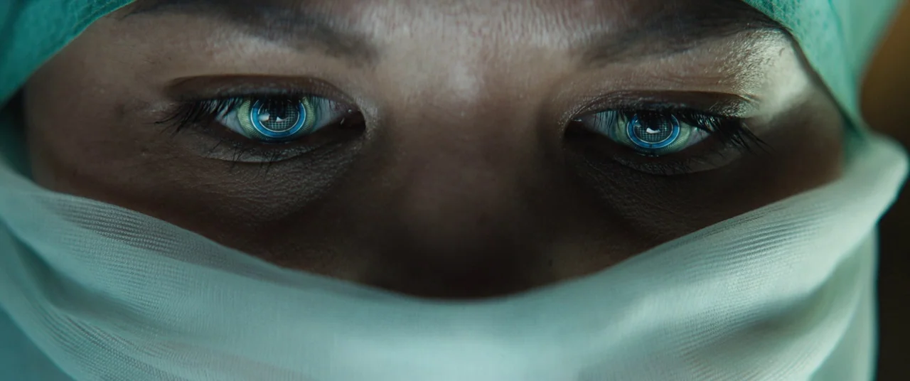 Upgrade (2018) movie still: closeup — A close-up view of a person wearing medical scrubs and a mask. Digital blue circuitry patterns are visible…