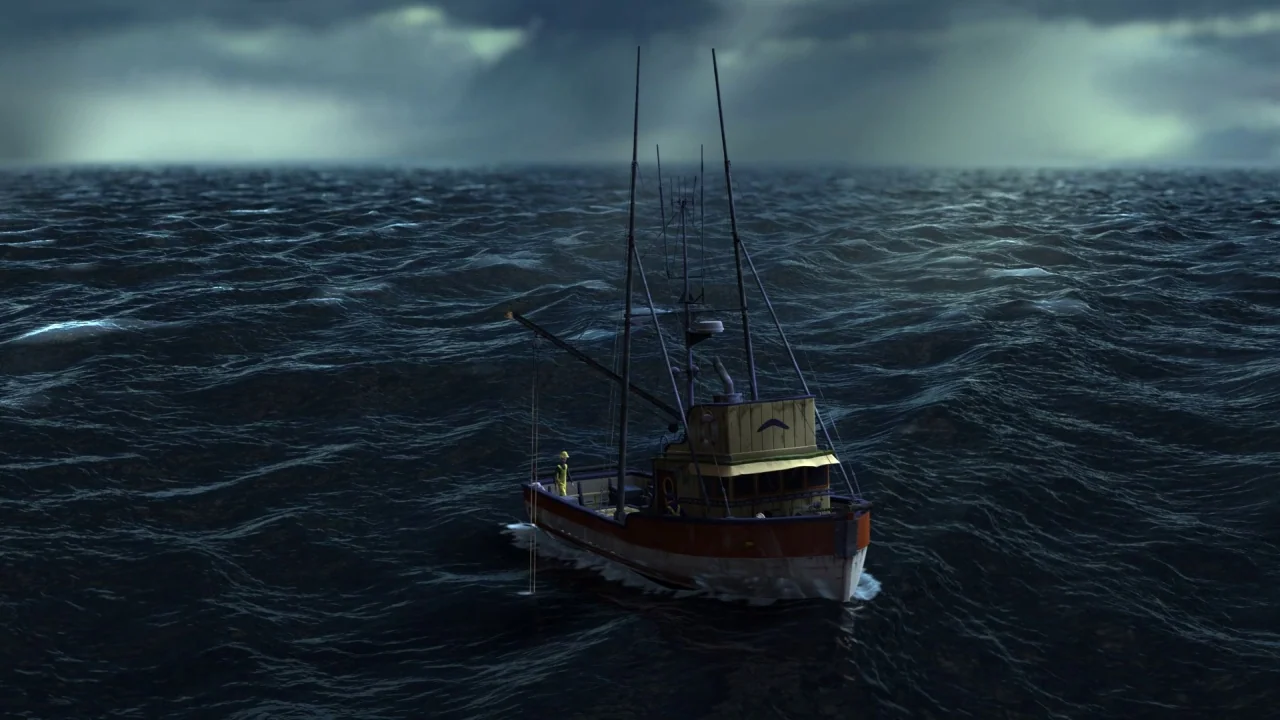 Finding Nemo (2003) movie still: wide — A small orange and white fishing boat navigates through choppy, dark ocean waves. A single person in yellow…