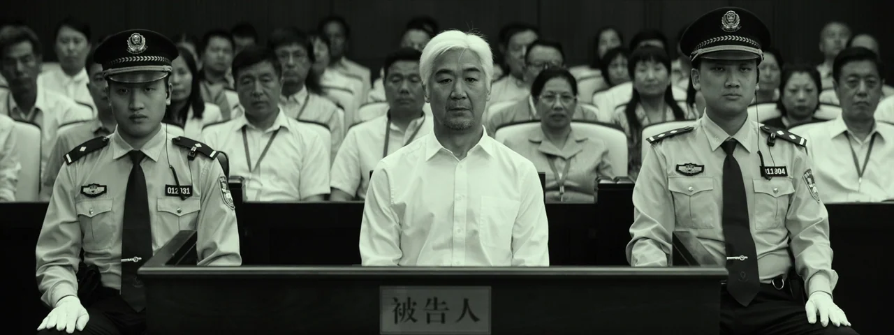Under The Light (2023) movie still: medium — A formal courtroom setting features a seated man between two uniformed police officers. Rows of blurred…
