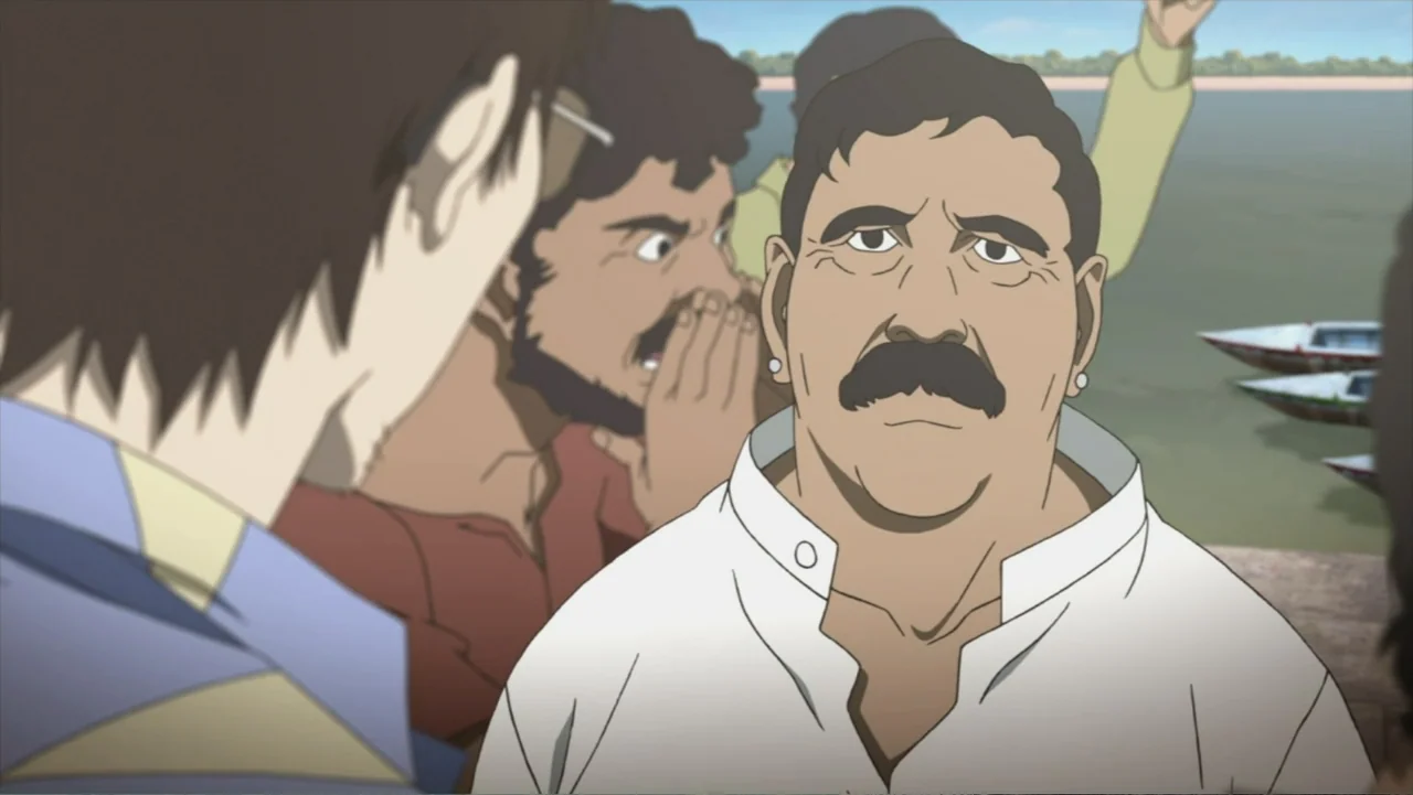 Batman: Gotham Knight (2008) movie still: medium — A riverbank setting features a group of men gathered near moored boats. An older man with a…