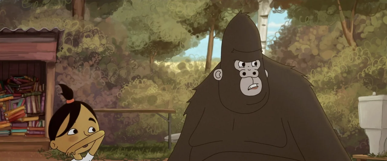 The Ape Star (2021) movie still: medium — A park clearing features a wooden book box filled with colorful books and trees. A young girl looks up at…