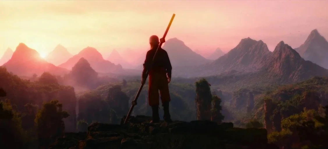 Avatar: The Last Airbender (2005) movie still: fullbody — A rugged mountain landscape with sharp limestone pillars stretches toward a hazy sunset…