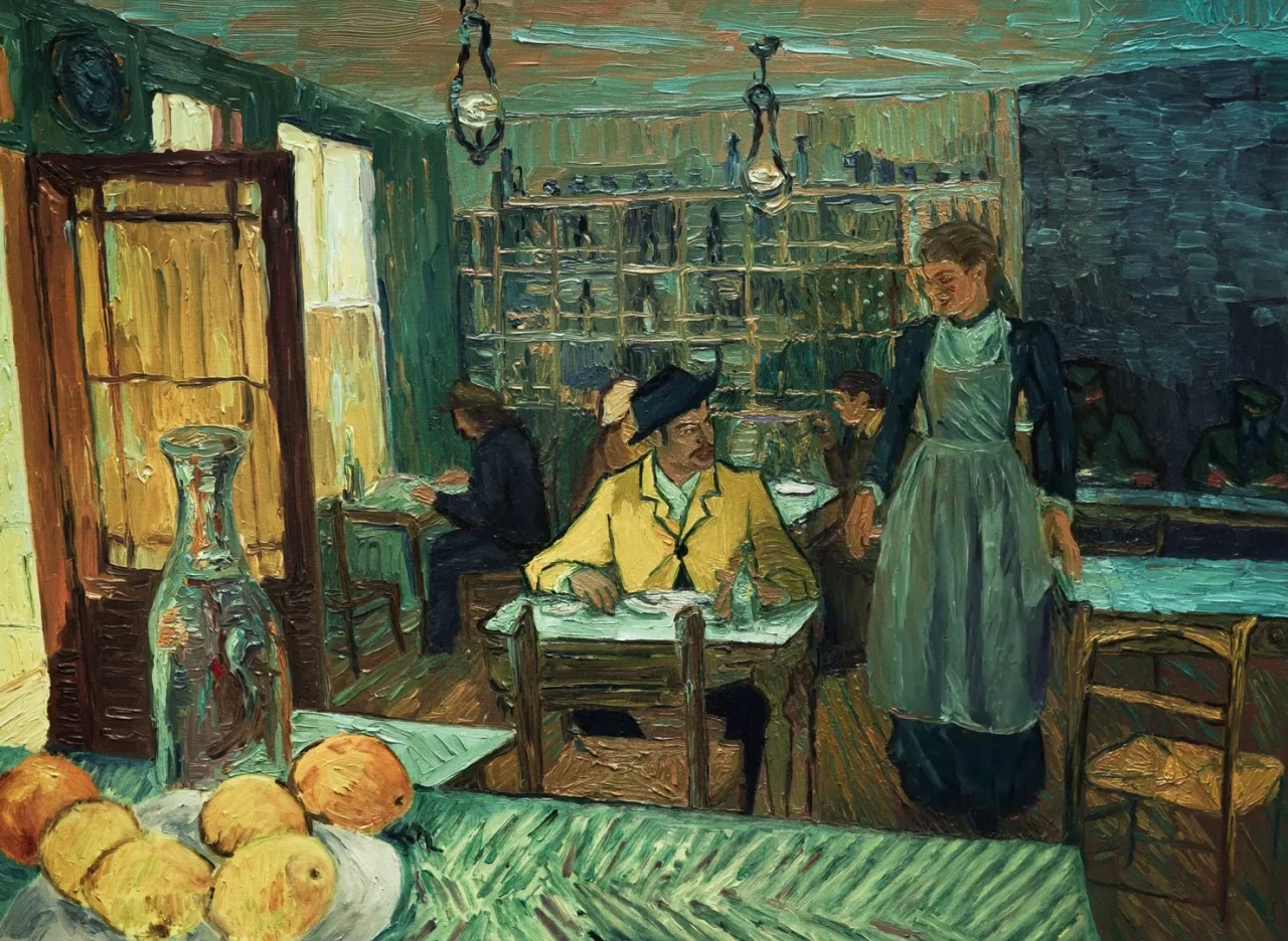 Loving Vincent (2017) movie still: wide — A dimly lit cafe interior features green walls, rows of tables, and wooden furniture. A man in a yellow…