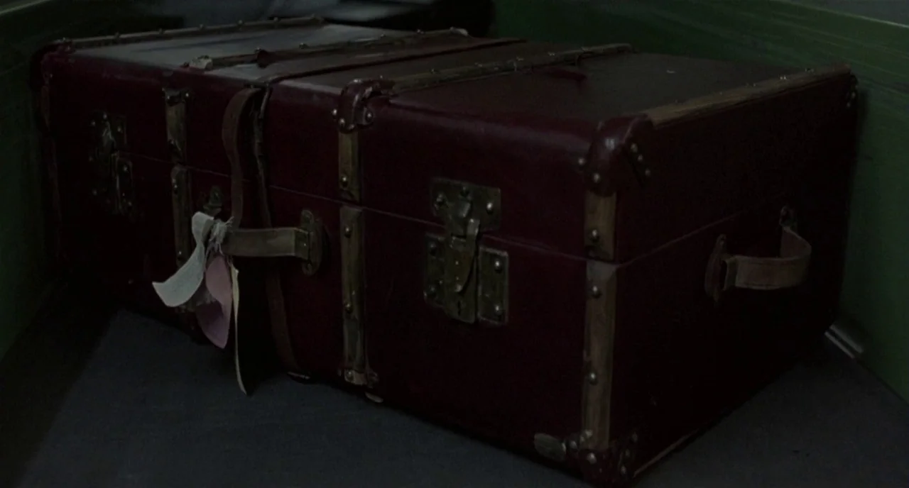 Three Colours: White (1994) movie still: closeup — A dark, vintage leather trunk with brass latches sits inside a dim storage area. The trunk…